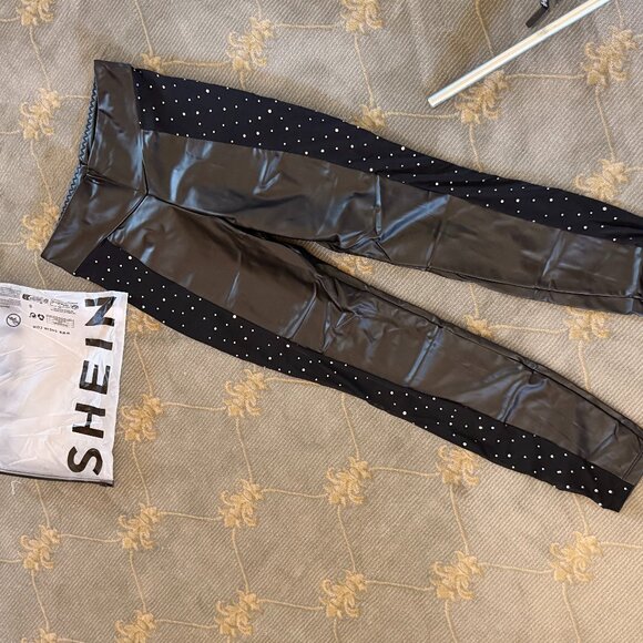 SHEIN Pants - SHEIN Black Faux Leather Rhinestone Leggings | S | High Waisted | New
